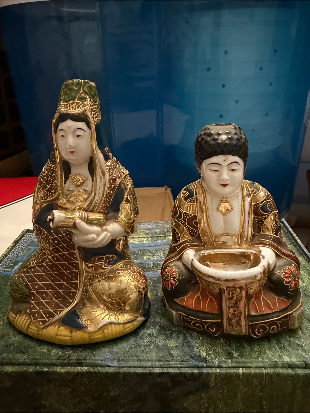 Vintage Japanese Satsuma Moriage Porcelain Figurines Set Buddha & Kannon Kuan Yi